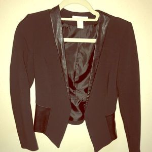 Black Collarless Blazer with Leather